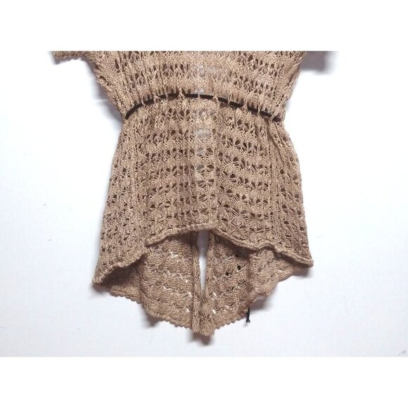 womens Cardigan Sweater Sz M Crocheted Taupe Tan Open Knit belted short sleeve - Picture 7 of 11